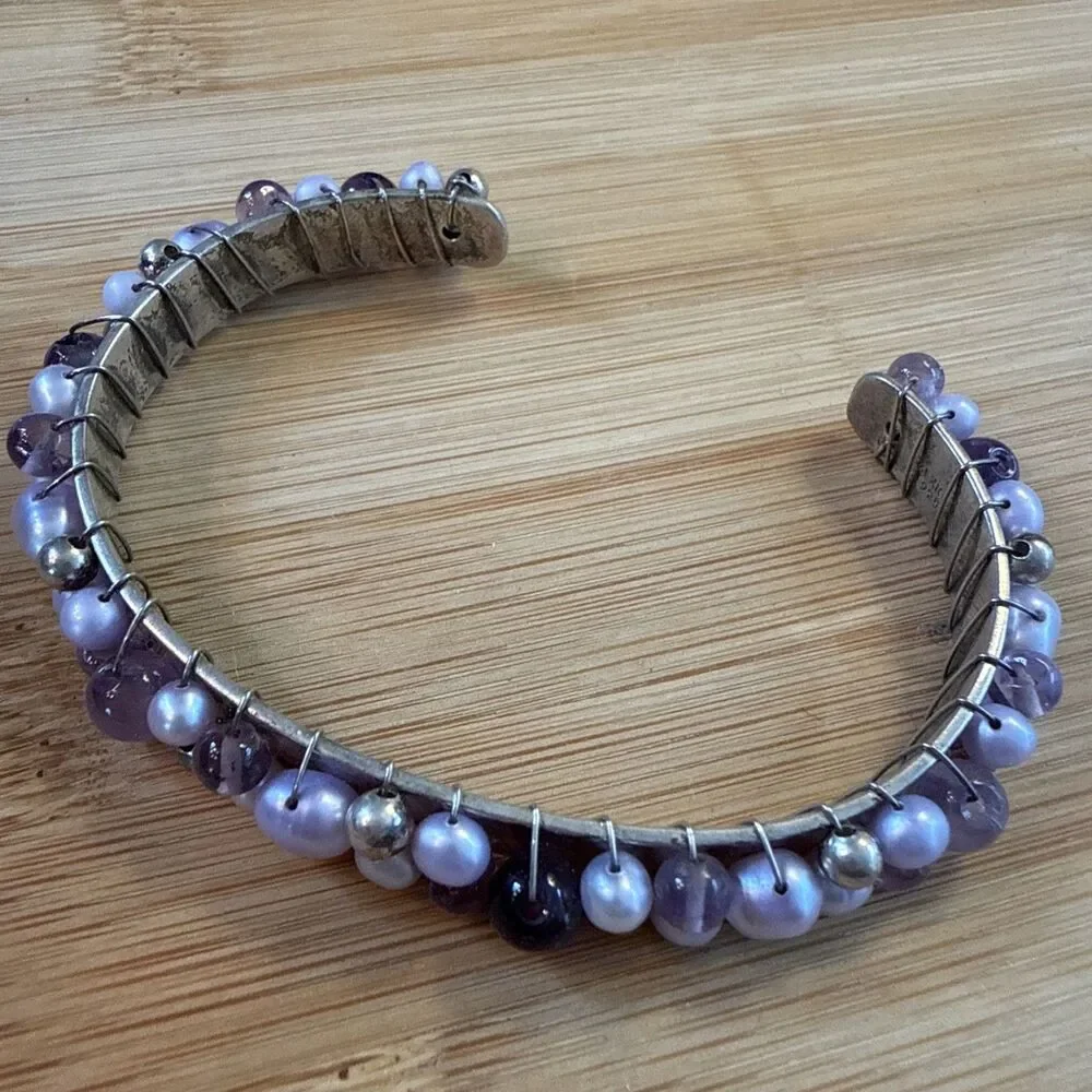 LAVENDER PURPLE PEARL BEAD WIRED BRACELET ON 925 SILVER BANGLE CUFF